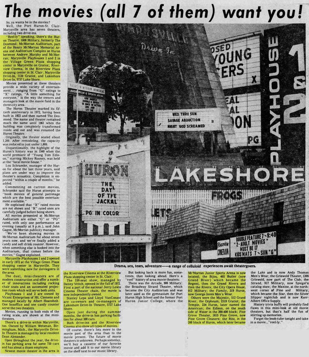 1973 article on port huron area theaters Marysville Drive-In Theatre, Marysville